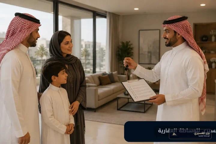 أسرة تعاين عقارًا مع وسيط عقاري وتستخدم قائمة فحص قبل الاستلام