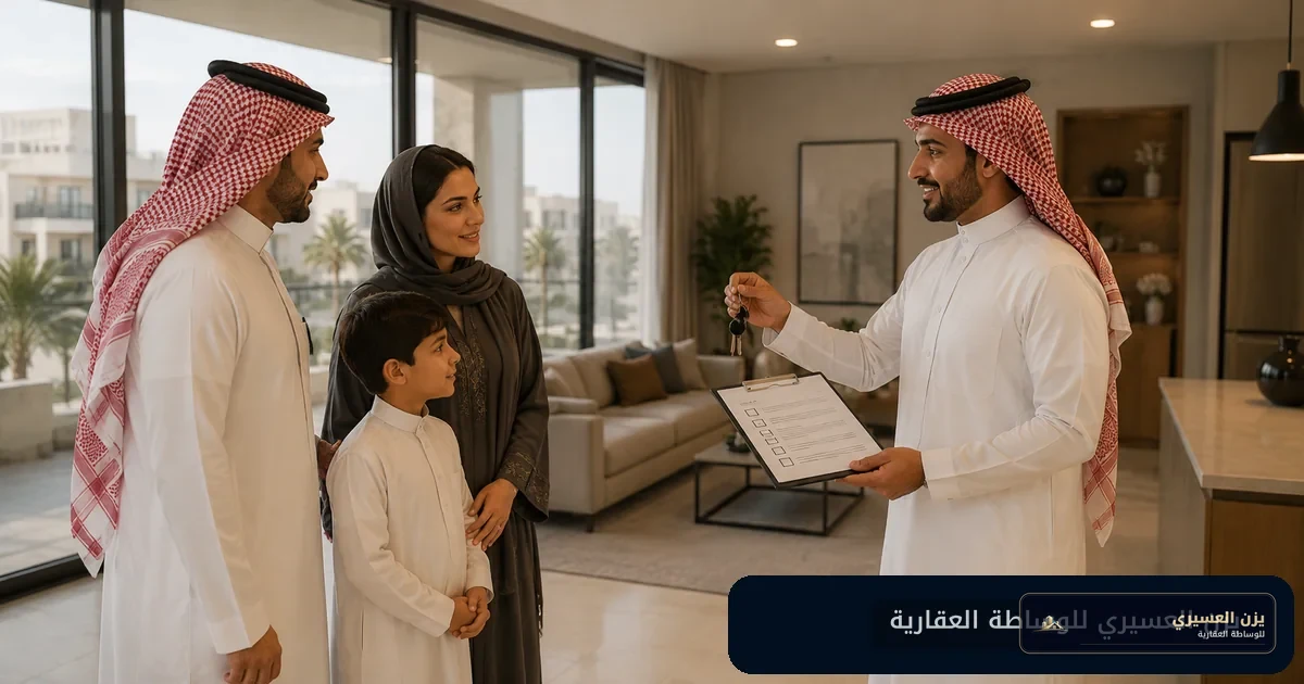 أسرة تعاين عقارًا مع وسيط عقاري وتستخدم قائمة فحص قبل الاستلام