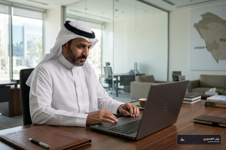 A professional Saudi real estate office setup, a Saudi businessman reviewing real estate ownership transfer documents on a