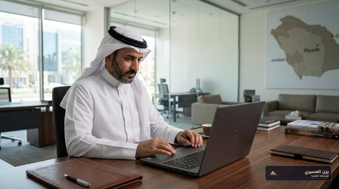 A professional Saudi real estate office setup, a Saudi businessman reviewing real estate ownership transfer documents on a