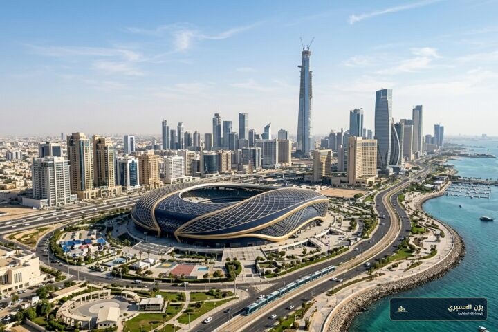 صورة عقارية احترافية واقعية لمدينة جدة في المملكة العربية السعودية، تُظهر أفق جدة الحديث ومشروع ملعب رياضي عالمي