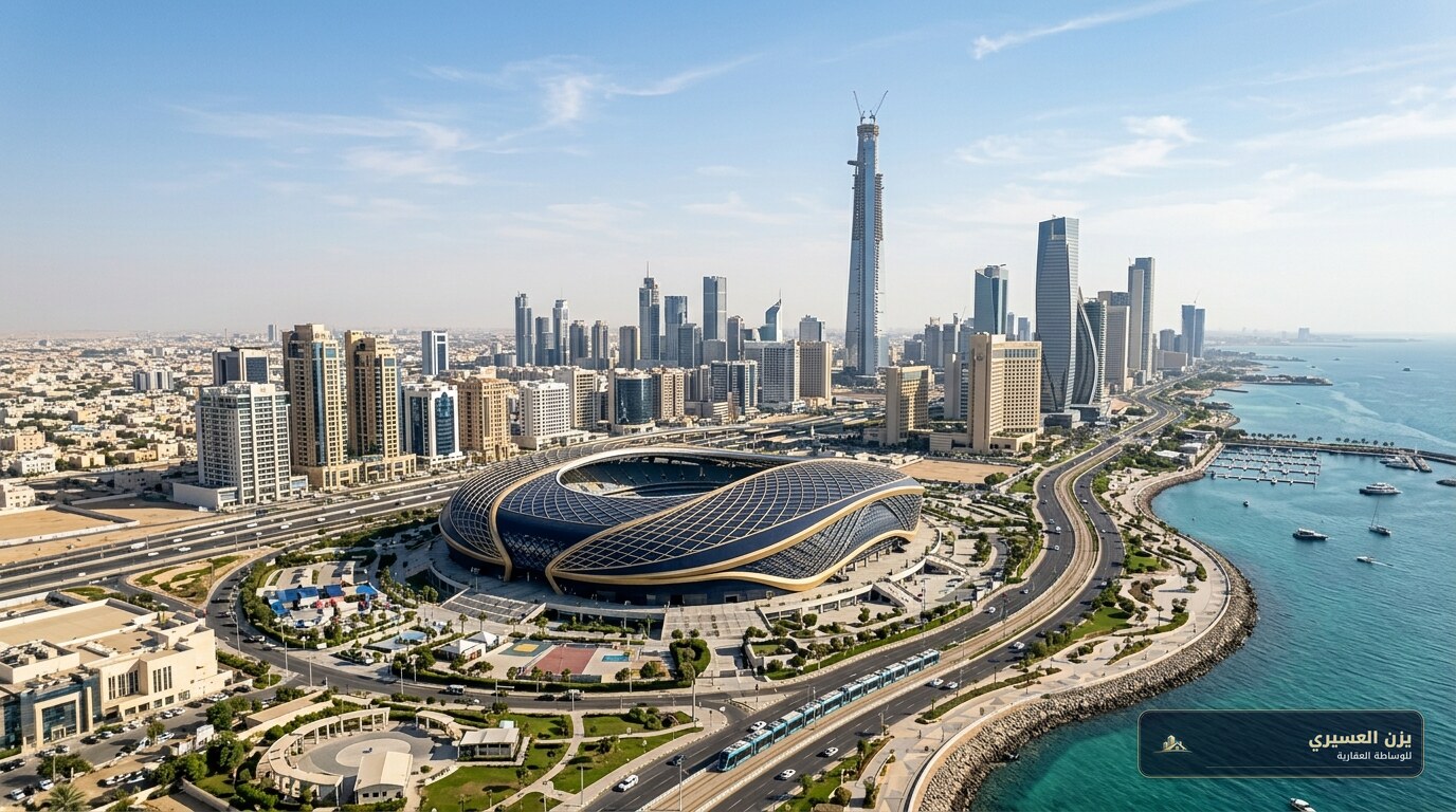 صورة عقارية احترافية واقعية لمدينة جدة في المملكة العربية السعودية، تُظهر أفق جدة الحديث ومشروع ملعب رياضي عالمي